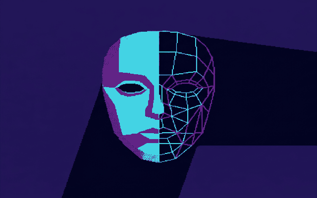 Pixel-art mask, half solid and half wireframe