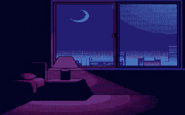 Pixel-art window at night with a crescent moon and city glow