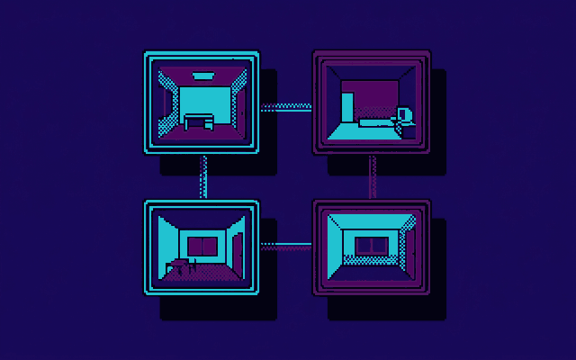Pixel-art grid of four glowing rooms linked together