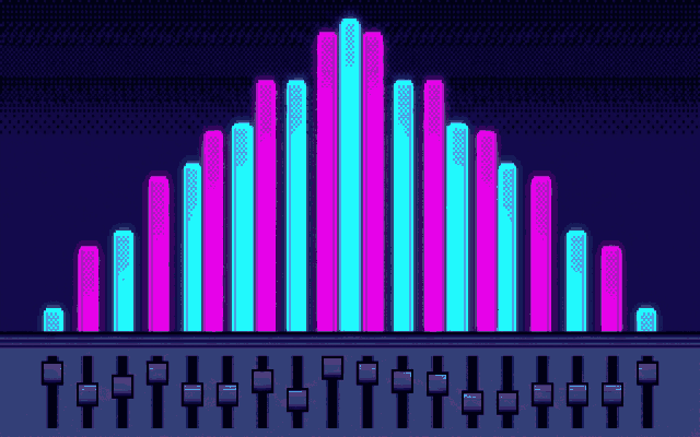 Pixel-art arch of glowing equaliser bars over blank sliders