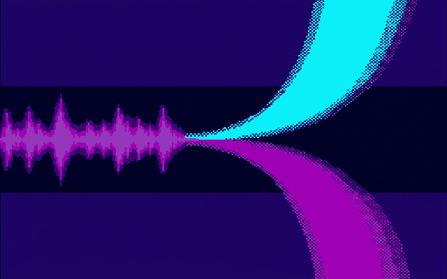 A pixel-art waveform splitting into two ribbons